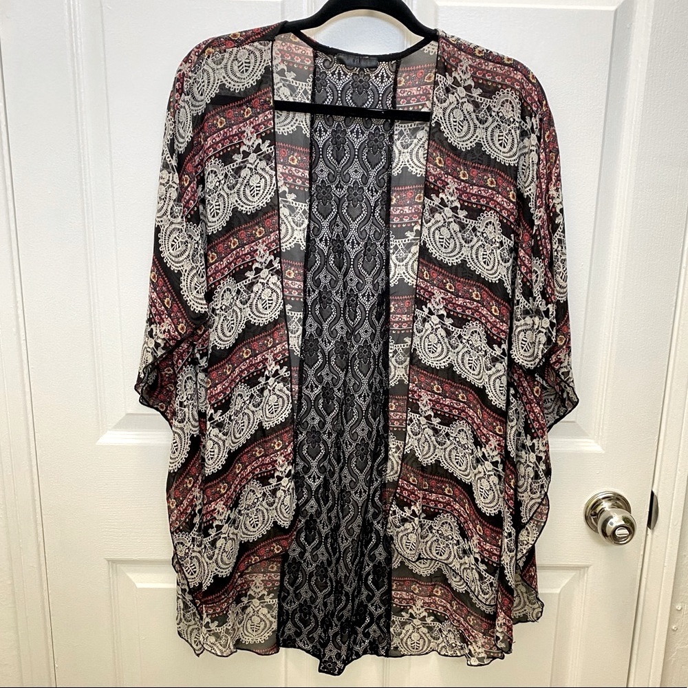 Burgundy Black Lace Summer Kimono Beach Coverup